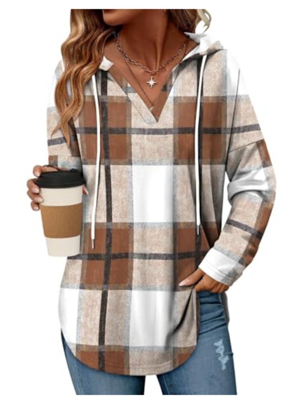 Women V Neck Drawstring Hoodie Long Sleeve Pullover Sweatshirt